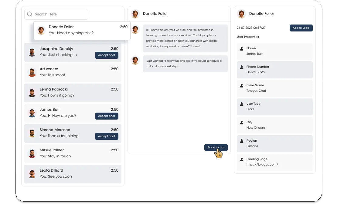Telagus live chat inbox with visitor conversation and lead details